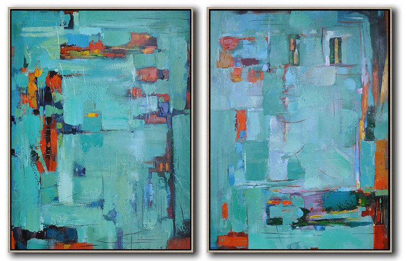 Large Abstract Art Handmade Painting,Set Of 2 Contemporary Art On Canvas,Living Room Canvas Art Green,Red,Orange
